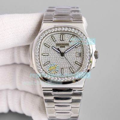 Clone Patek Philippe Nautilus Full Diamond Dial & Bezel Swiss Watch 40MM